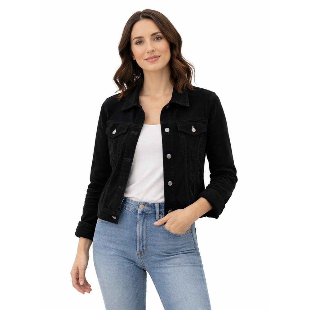 GAP Velour Trucker Jacket Black NWT Women's‎ Medium Stretch Soft Classic